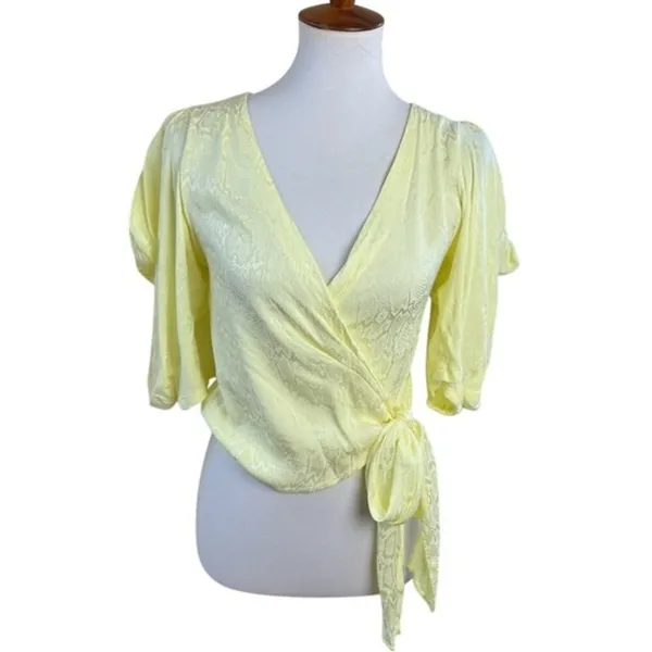 Krisa Womens Yellow Snake Print Jacquard Wrap Blouse‎ Puff Sleeve XS - Image 2