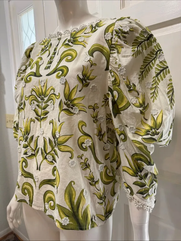 FARM RIO Milani Blouse Floral Puff-Sleeve Women's Top in Olive Green Size Large - Image 6