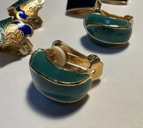 Lot Of 3 Gold Tone Clip On Earrings 2 With Colored Enamel 1 Cloisonné Style - Image 4