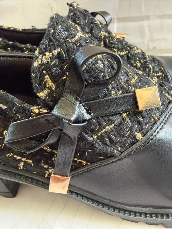 SHEIN Black Tweed Lace-Up Chunky Heel Boots with Gold Accents - Image 5