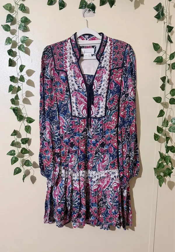 Anthropologie Floral A-Line Dress Multicolor Tie Ruffle V-Neck Long Sleeve S - Image 3