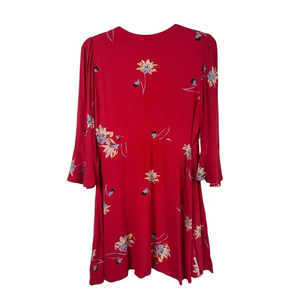 Free People Red Floral Wrap Dress Women’s S Bell Sleeve Boho Mini Dress - Image 3
