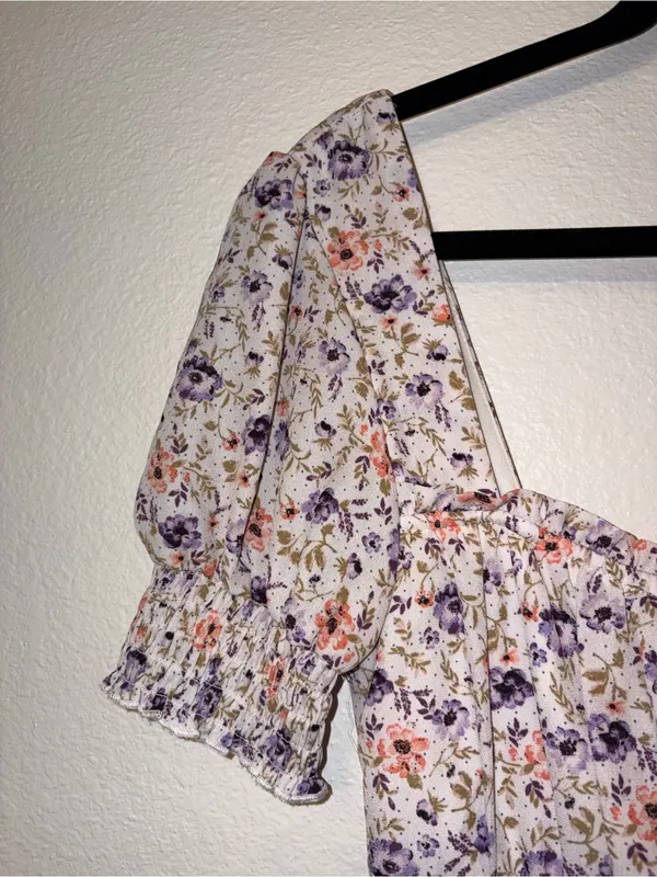 Altar'd State Purple Floral Smocked Mini Dress Tiered Puff Sleeve Medium - Image 6