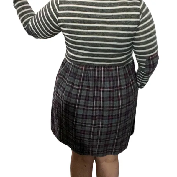 Andrée by Unit (M) Striped Plaid Pocket Elbow Patch Pocketed Swing Dress - Image 10
