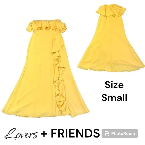 Lovers + Friends Women’s Yellow Strapless Ruffle High Slit in Front Jeadora Gown - Image 2