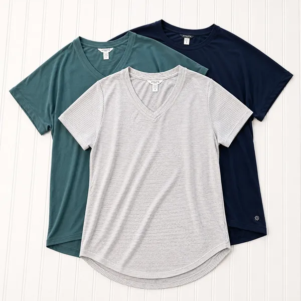 Athleta Womens Short Sleeve T-Shirt Bundle Set of 3 Navy Teal Striped Medium - Image 3