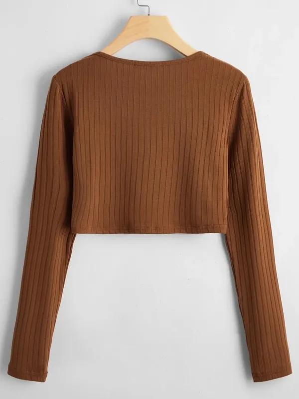 Brown Ribbed Crop Top - Image 2