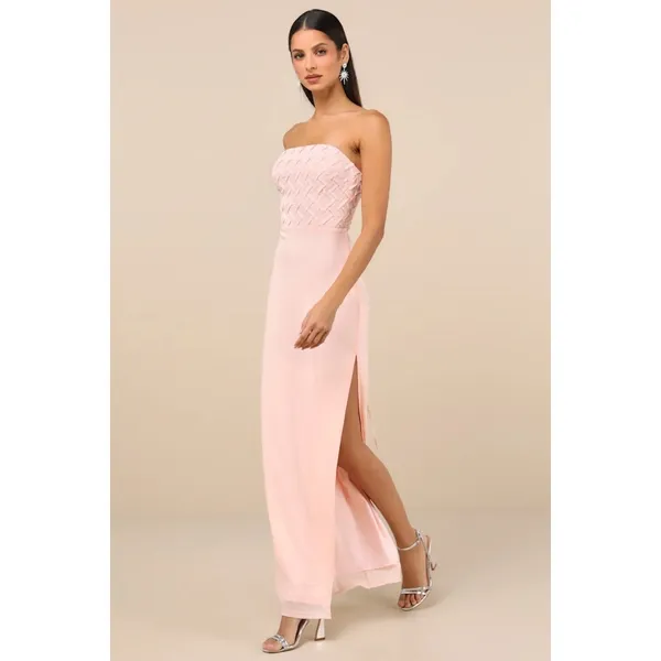 NWT Lulus Stunning Concept Light Pink Mesh Rhinestone Strapless Maxi Dress Sz L - Image 6