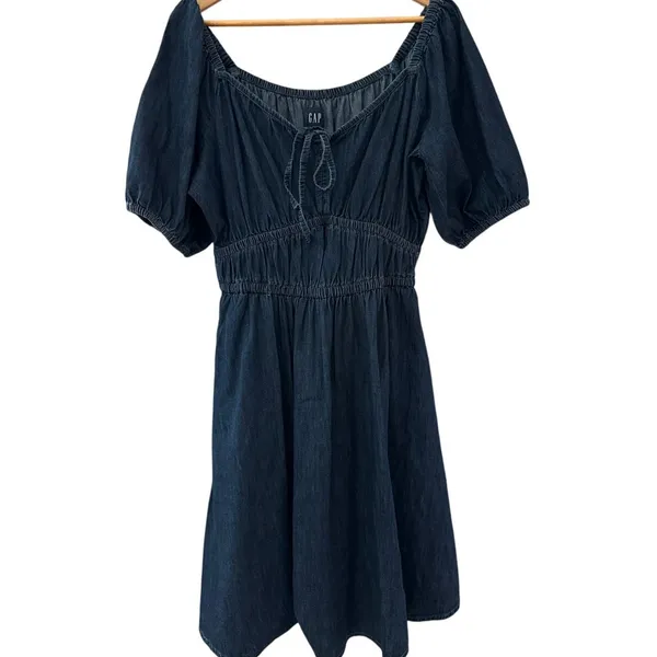 GAP Smocked Denim Mini Dress Dark Wash Size‎ Medium Tall - Image 6