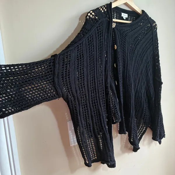 POL boho black knit‎ asymetric cardigan women's size small gothcore steampunk - Image 2