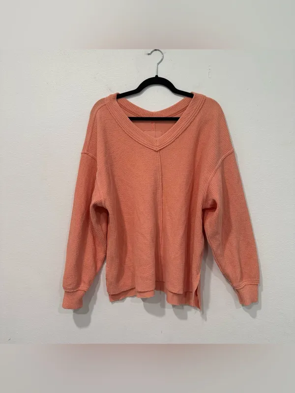 Aerie Wonder Textured V-Neck Peach Waffle Knit Oversized Sweatshirt S - Image 2