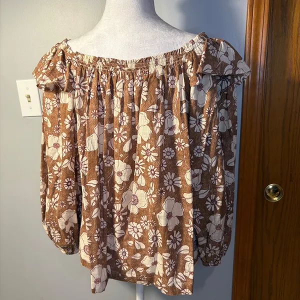Free People Miss Daisy 100% cotton Brown‎ Floral Off Shoulder Smocked Blouse M - Image 4