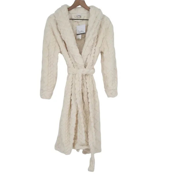 Roudelain Wrap Bathrobe Womens S White Fleece Cable Knit Shawl Collar Belt Waist - Image 2