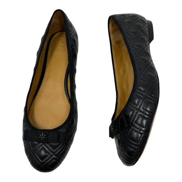 Tory Burch Black Leather Quilted Bow Ballet Flats Designer Shoes Size 7 - Image 9