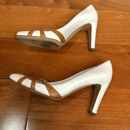 Sergio Rossi‎ Pumps Womens White Tan Leather Buckle Cutout Pointed Toe Heels 36 - Image 5