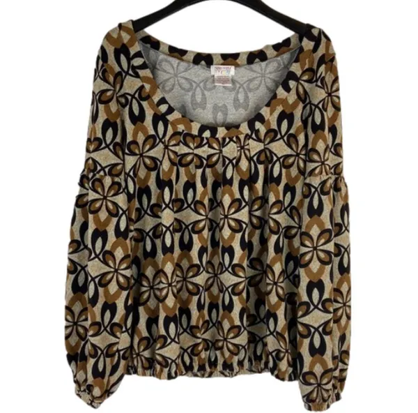 Funky People Tan Brown and Black Puff Sleeve Elastic Waist Floral Top Size XL - Image 9