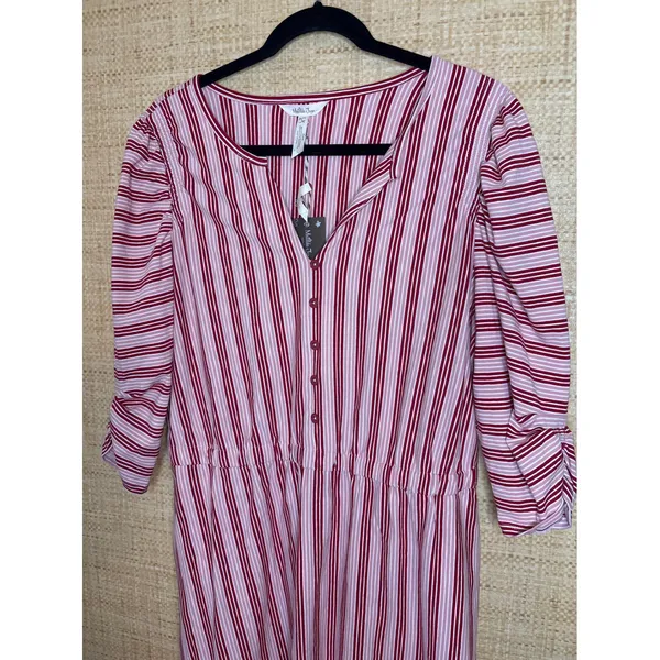 Matilda Jane Women Red Pink Striped Midi Dress NWT Size L Ruched‎ Sleeve Pockets - Image 2