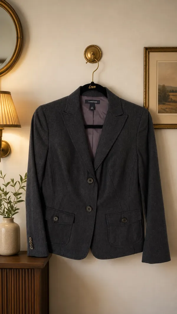 Lands’ End Navy Blue Wool Blend Blazer Jacket Size 4P Purple Lining Career Chic Boho Eclectic - Image 2