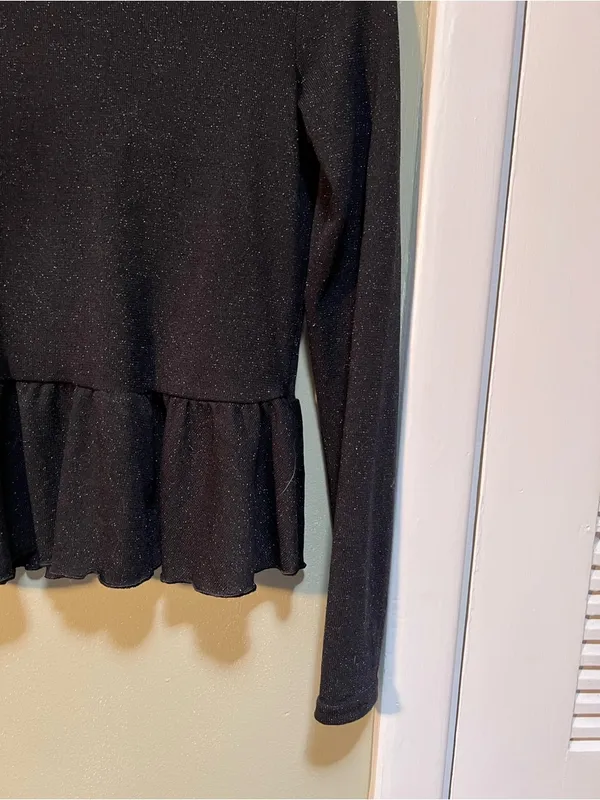 Divided Women's Size Small Peplum Top Black Sparkle Ribbed Long Sleeve Stretch - Image 5