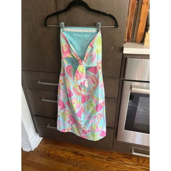 Lilly Pulitzer Strapless Rear Tie Pink Elephants Blue‎ Floral Fit Flare Dress 0 - Image 3