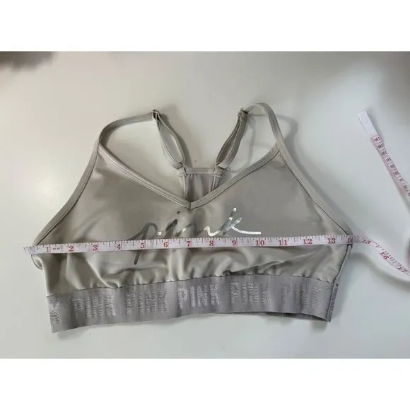 Victorias Secret PINK‎ Silver Metallic Logo Sports Bra Gray Racerback Medium - Image 6
