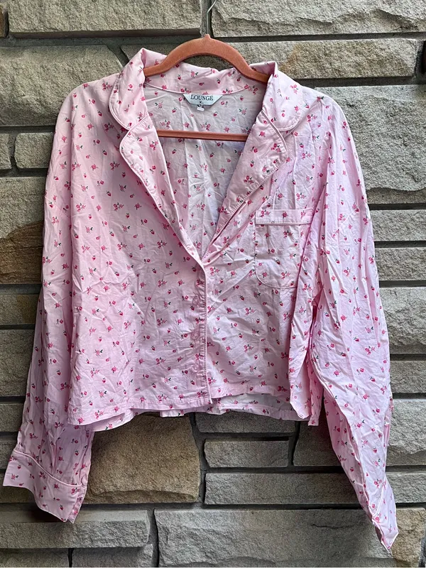 LOUNGE Pajama Set Cropped Button Up Shorts Pink Ditsy Floral Cotton XL - Image 3