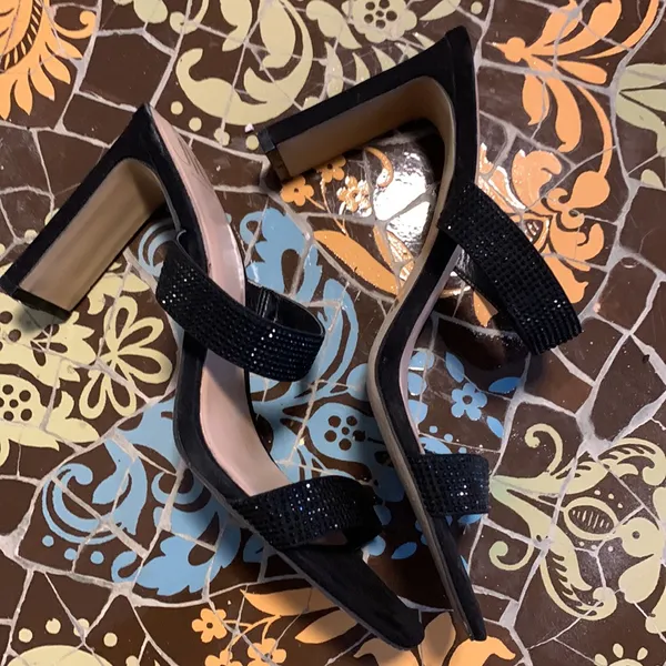 Jennifer Lopez Black Rhinestone Two-Band Heeled Sandals Sz: 10 - Image 2
