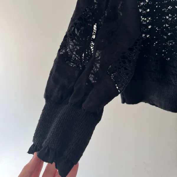 Zara Black Crochet Lace Puff Sleeve Cropped Sweater‎ Boho Top Victorian - Image 4