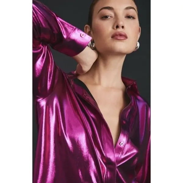 By ANTHROPOLOGIE Magenta Pink Shimmer Shine Lamé Buttondown‎ Top Blouse X-Small - Image 11