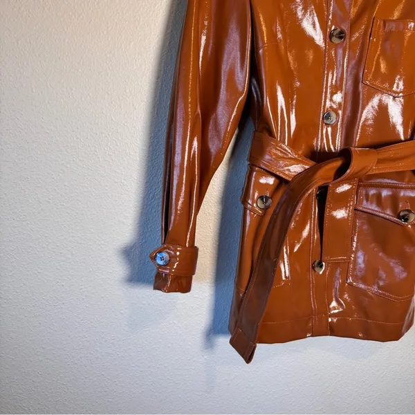 Topshop Brown Faux Patent Leather Trench Coat Jacket Womens 8 Preppy Fall Classy - Image 10