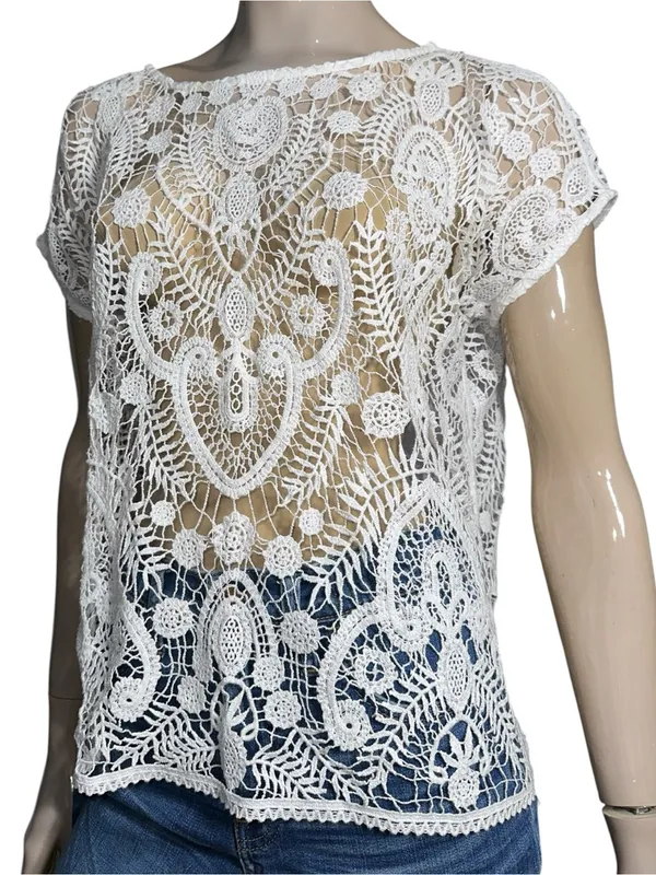 Polo by Ralph Lauren Women’s Size S White Crochet Lace Short Sleeve Blouse Top - Image 3
