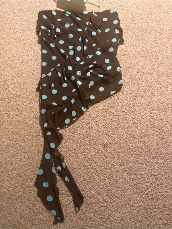 Polka Dot Brown Crop Top with Light Blue Dots Strapless Ruffles Y2K - Image 6