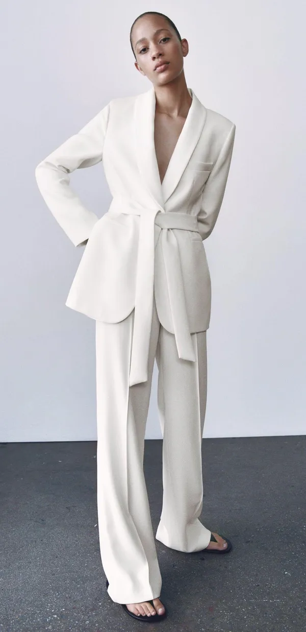 ZARA Tuxedo Blazer With Waist Tie Suit Jacket White - Image 2