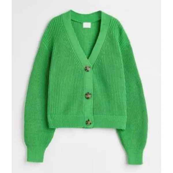 H&M Women Green Ribbed Knit V-Neck Cropped Cardigan Sweater Button Front Small - Image 2
