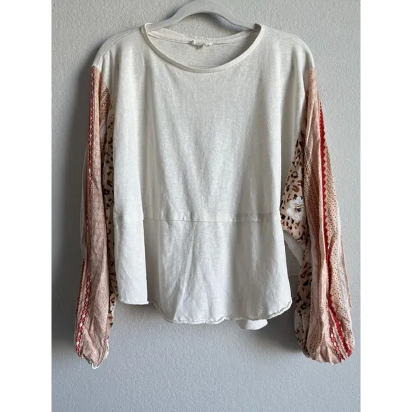Easel Women’s Large Boutique Cream Patchwork‎ Flare Balloon Long Sleeve Top Boho - Image 8