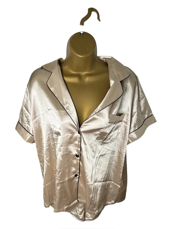 Ekouaer Satin Button Down Pajama Set Contrast Piping Champagne L - Image 2
