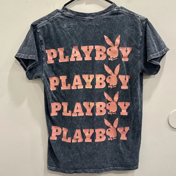 Playboy Acid Wash Graphic T-Shirt Gray Pink Bunny Logo Short Sleeve Small Grunge - Image 2