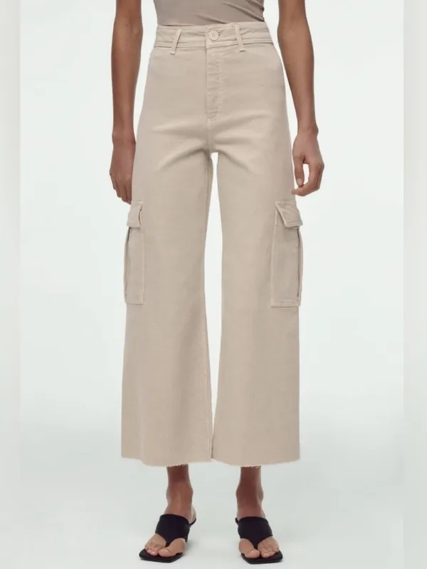 ZARA High Waisted Marine Cargo Jeans Raw Hem Khaki Beige Wide Leg Retro‎ Size 14 - Image 2