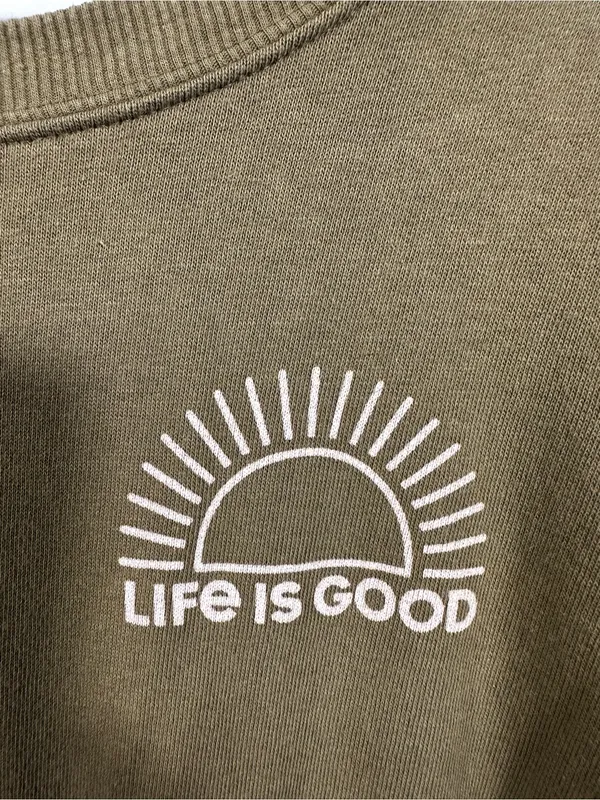 N79. Life Is Good Olive Green Pullover with White Sun Logo - Image 2