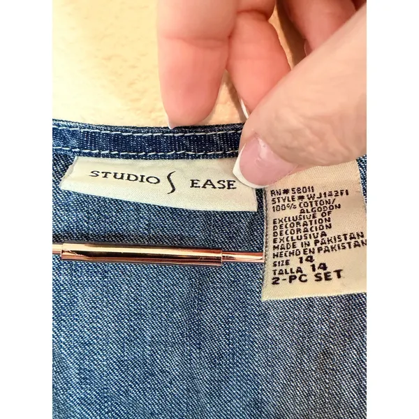Studio Ease Denim Maxi Dress Women 14 Blue Embroidered Floral Cottagecore‎ Boho - Image 3