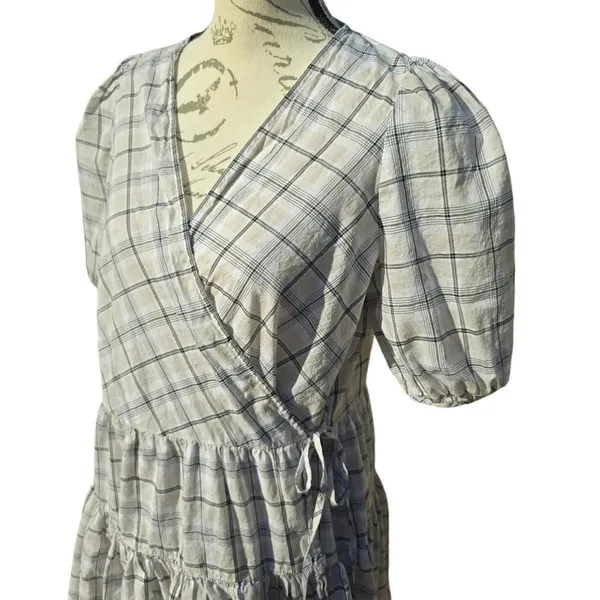 J.‎ Crew Cotton Voile Wrap Mini Dress Puff Sleeves In Oyster White Plaid Small - Image 5
