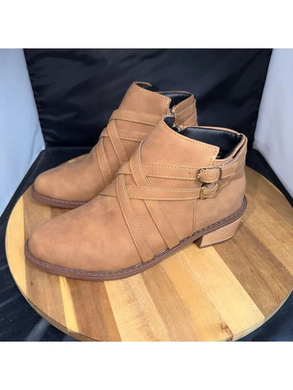 Women’s Brown Ankle Boots Size 36 Double Buckle Low Heel Booties - Image 2
