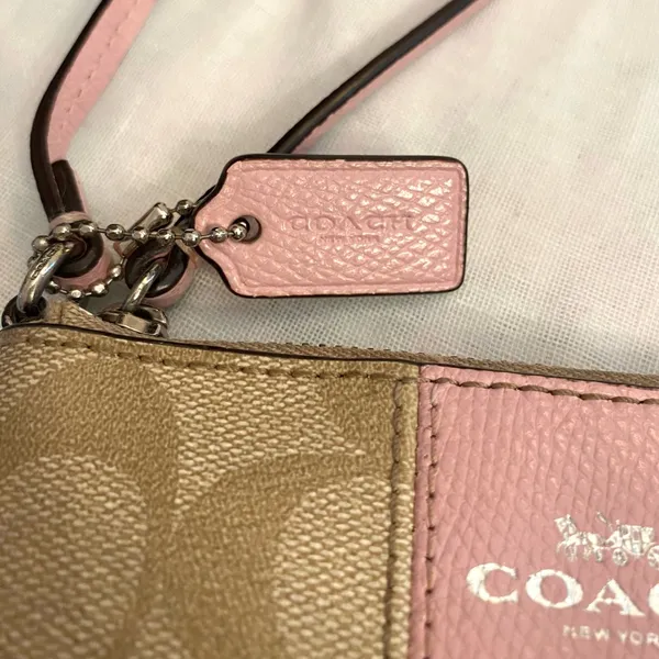 Coach Signature Pink and Tan Wristlet - Image 3
