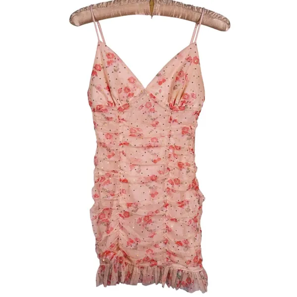 Lucy in the Sky Coquette Floral Mini Dress Ruched Sequin Mesh Small Pink Date - Image 2
