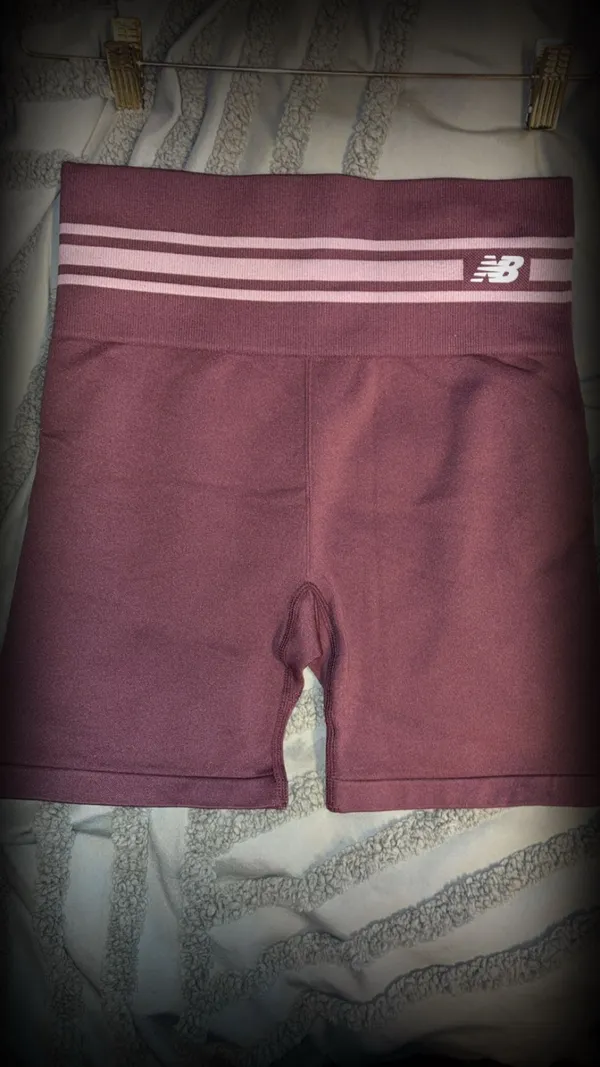 New Balance Women's Burgundy Seamless Ribbed High Rise Athletic Biker Shorts - Image 2