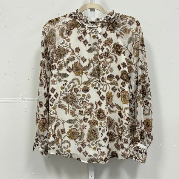 Loft Women's Paisley Floral Ruffle Neck Keyhole Blouse‎ Cream Brown Size M - Image 2