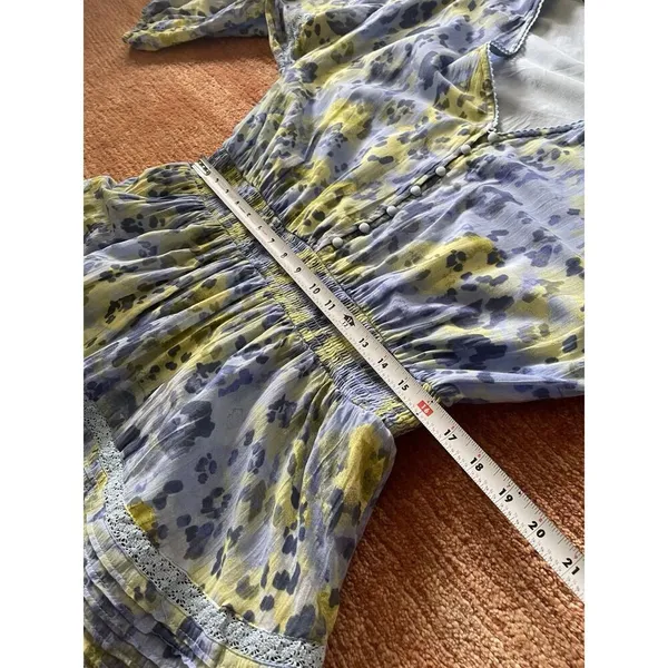 Aerie Blue Yellow Floral Ruffle Mini Dress XL Cotton Lace Trim Boho Style - Image 2