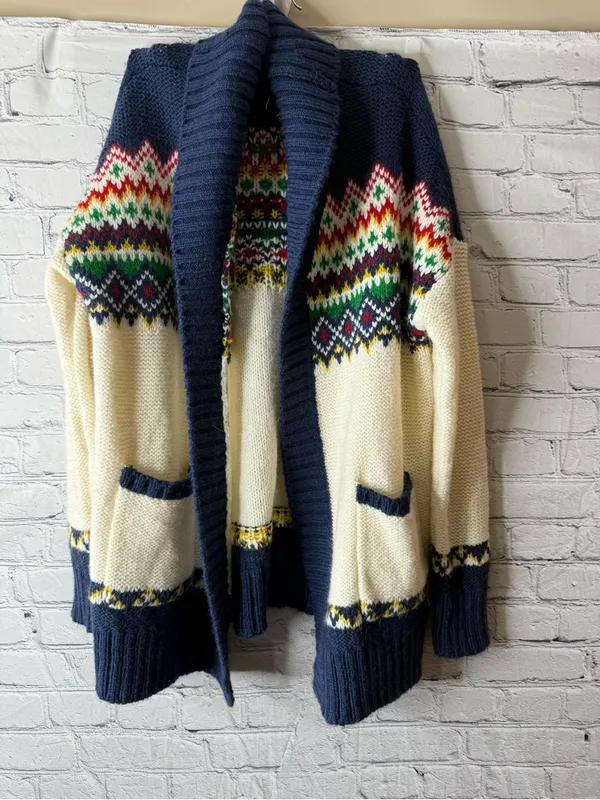 American Eagle Navy & Cream Fair Isle Shawl Collar Women’s Sweater Cardigan med - Image 2
