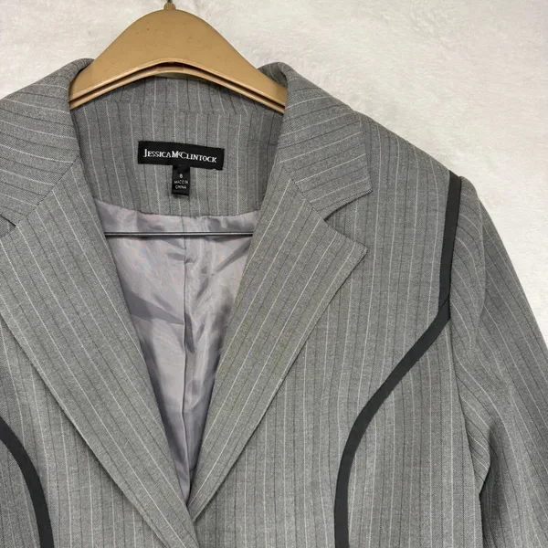 Jessica McClintock 8 Pinstripe Grey Blazer Black Trim Tailored Office Career Y2K - Image 3