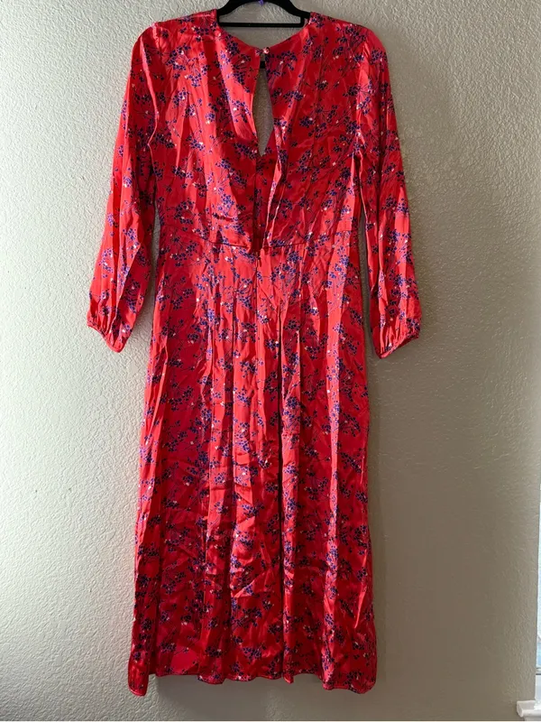 Topshop Red Floral Satin Midi Dress Open Back Long Sleeve V Neck Size 6 - Image 9